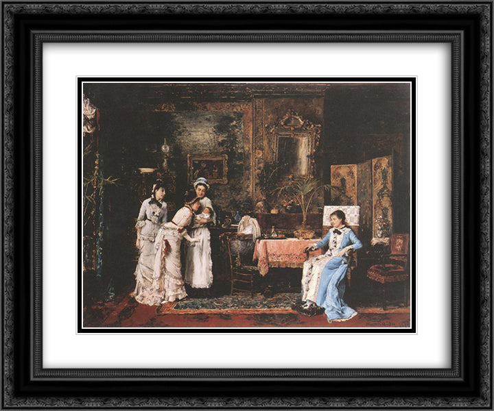 Baby Visitors 24x20 Black Ornate Wood Framed Art Print Poster with Double Matting by Munkacsy, Mihaly