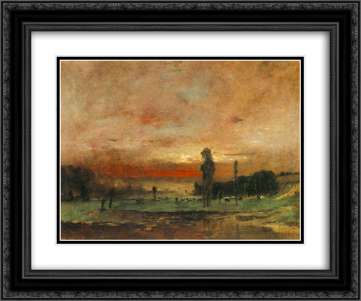 Grazing Cows 24x20 Black Ornate Wood Framed Art Print Poster with Double Matting by Munkacsy, Mihaly