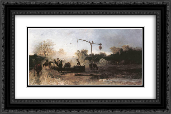 Watering 24x16 Black Ornate Wood Framed Art Print Poster with Double Matting by Munkacsy, Mihaly