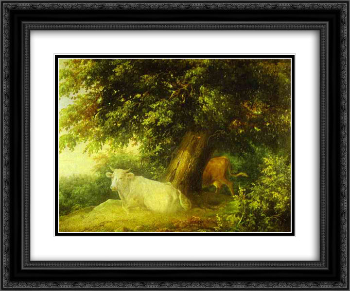 Landscape with Cows 24x20 Black Ornate Wood Framed Art Print Poster with Double Matting by Lebedev, Mikhail