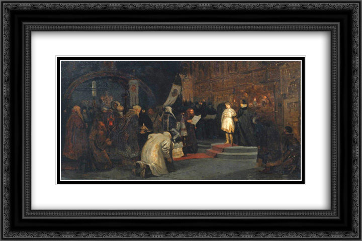 Michael's vocation to the realm 24x16 Black Ornate Wood Framed Art Print Poster with Double Matting by Nesterov, Mikhail