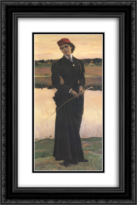 Portrait of Olga Nesterova (Woman in a Riding Habit) 16x24 Black Ornate Wood Framed Art Print Poster with Double Matting by Nesterov, Mikhail