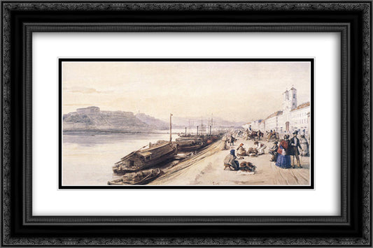 Quay of the Danube with Greek Church in 1843 24x16 Black Ornate Wood Framed Art Print Poster with Double Matting by Barabas, Miklos
