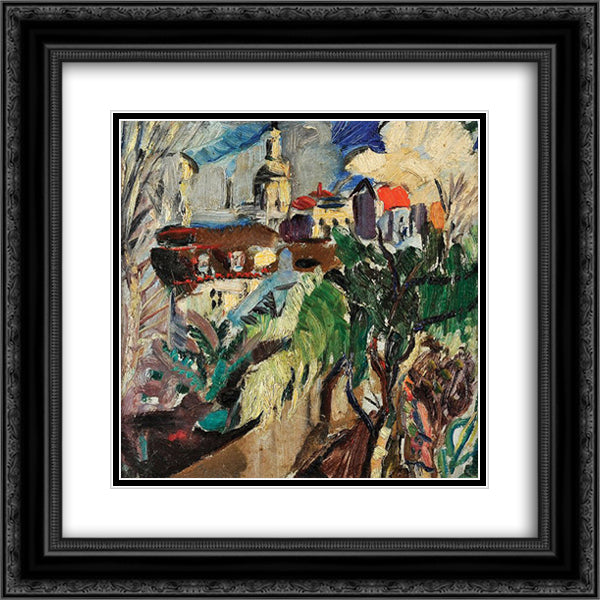 Vista de Lisboa - Jardim da Estrela (signed Possoz but attributed to Eduardo Viana) 20x20 Black Ornate Wood Framed Art Print Poster with Double Matting by Possoz, Mily