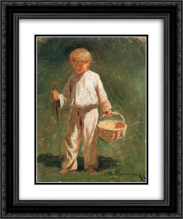 Boy with a basket 20x24 Black Ornate Wood Framed Art Print Poster with Double Matting by Pymonenko, Mykola