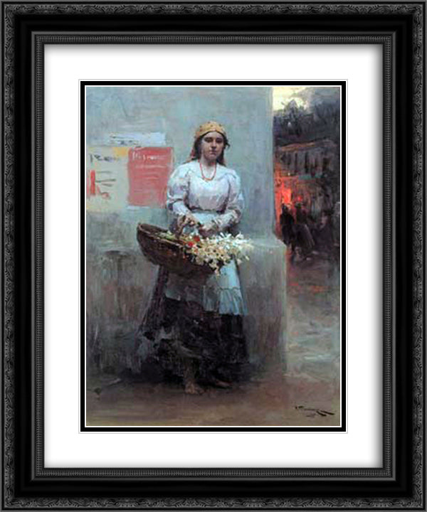 Flower-girl 20x24 Black Ornate Wood Framed Art Print Poster with Double Matting by Pymonenko, Mykola