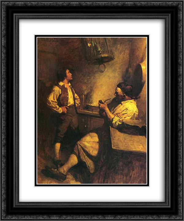Jim Hawkins, Long John Silver and his Parrot 20x24 Black Ornate Wood Framed Art Print Poster with Double Matting by Wyeth, N.C.