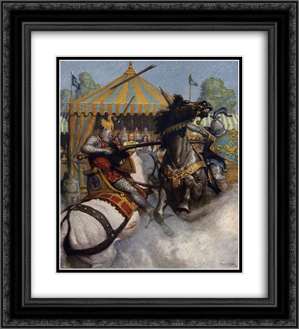 Sir Mador's spear brake all to pieces, but the other's spear held 20x22 Black Ornate Wood Framed Art Print Poster with Double Matting by Wyeth, N.C.