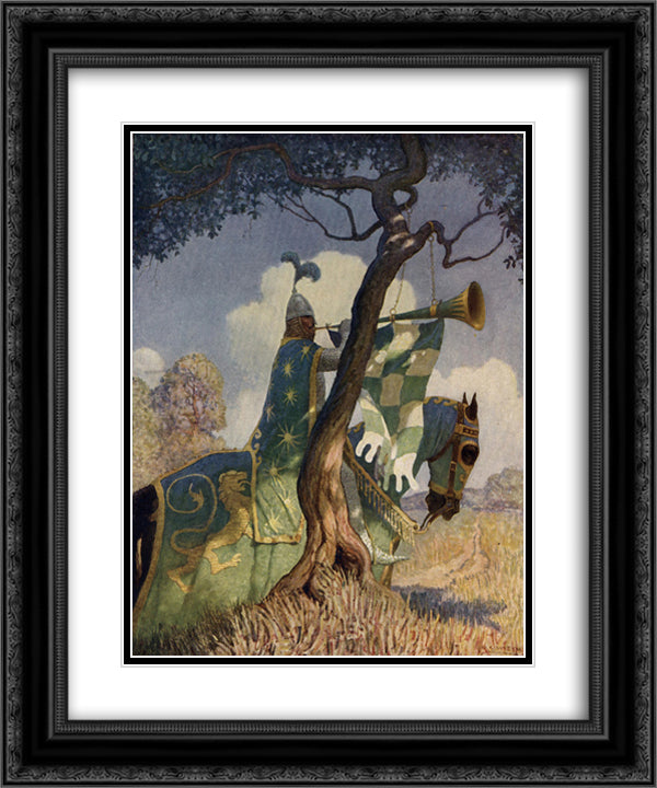The green knight preparing to battle Sir Beaumains 20x24 Black Ornate Wood Framed Art Print Poster with Double Matting by Wyeth, N.C.