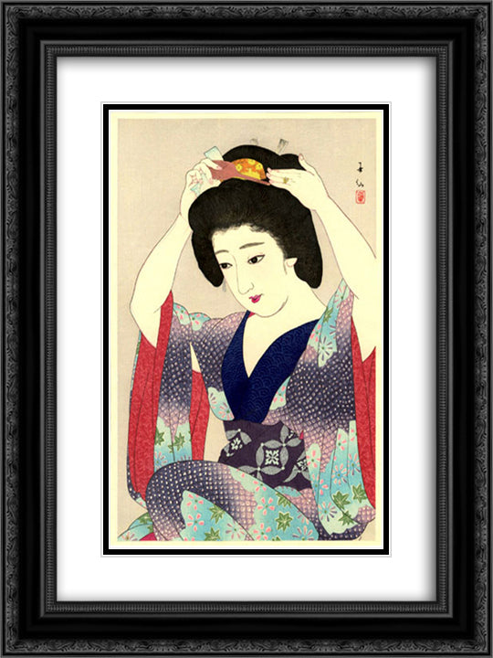 Maiko Preparing Coiffure 18x24 Black Ornate Wood Framed Art Print Poster with Double Matting by Shunsen, Natori