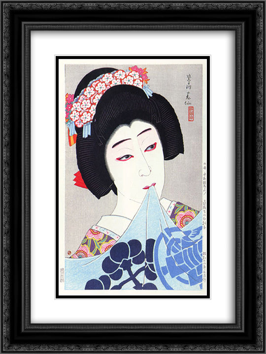 Nakamura Utaemon as Hanako in Musume Dojoji 18x24 Black Ornate Wood Framed Art Print Poster with Double Matting by Shunsen, Natori