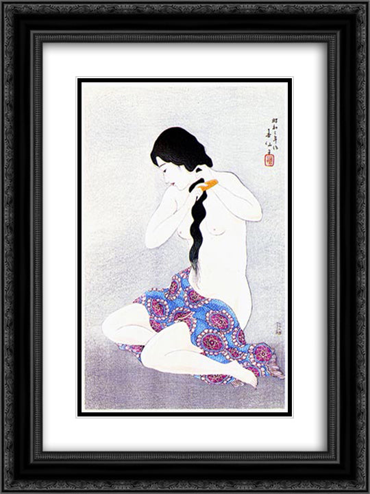 Woman Combing Hair 18x24 Black Ornate Wood Framed Art Print Poster with Double Matting by Shunsen, Natori