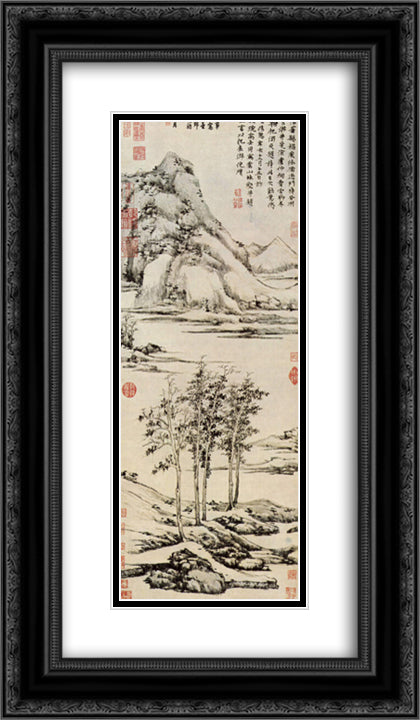 Trees in a River Valley in Yu shan 14x24 Black Ornate Wood Framed Art Print Poster with Double Matting by Ni Zan