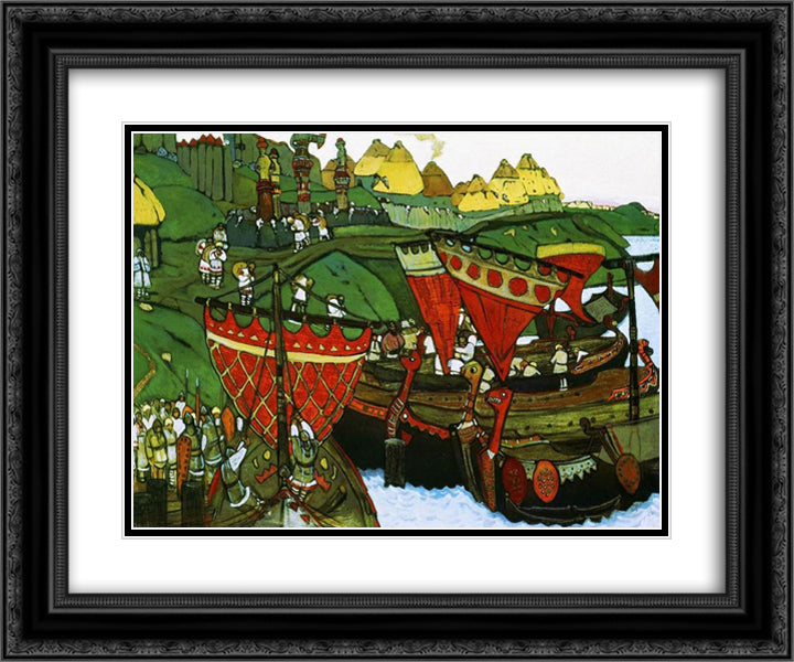 Ancient russians at Dnieper 24x20 Black Ornate Wood Framed Art Print Poster with Double Matting by Roerich, Nicholas