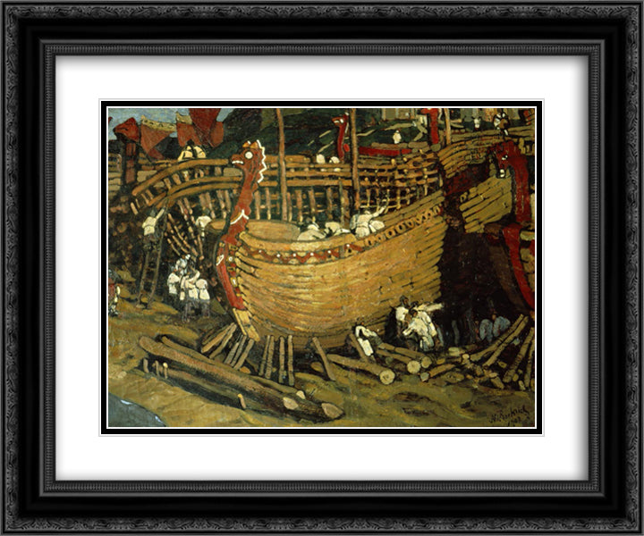 Building the ships 24x20 Black Ornate Wood Framed Art Print Poster with Double Matting by Roerich, Nicholas