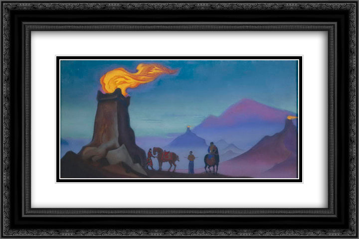 Fires of victory (Sentinel lights on the towers in Gobi) 24x16 Black Ornate Wood Framed Art Print Poster with Double Matting by Roerich, Nicholas