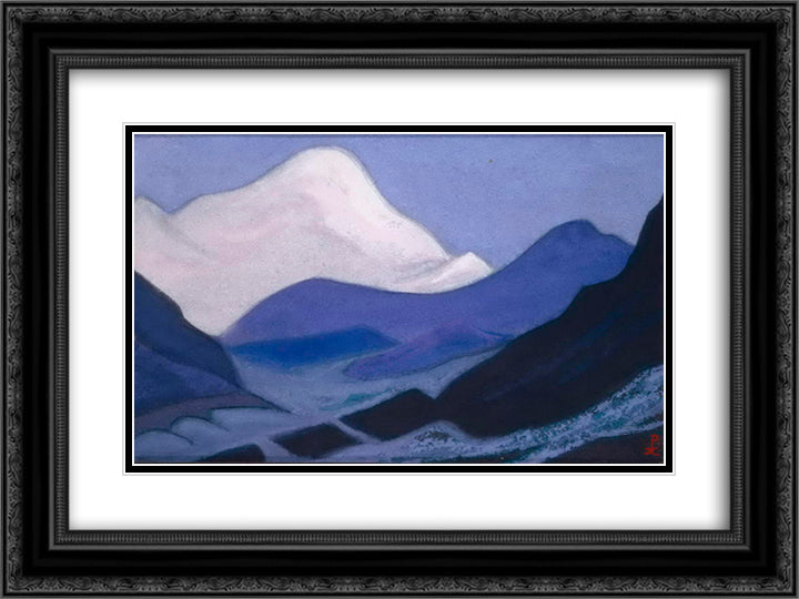 Kampa Dzong. Pink Peak. 24x18 Black Ornate Wood Framed Art Print Poster with Double Matting by Roerich, Nicholas