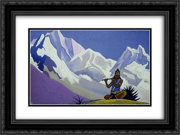 Krishna. Magic flute. 24x18 Black Ornate Wood Framed Art Print Poster with Double Matting by Roerich, Nicholas