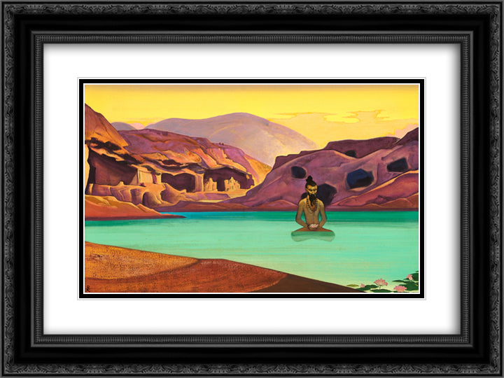 Lotus 24x18 Black Ornate Wood Framed Art Print Poster with Double Matting by Roerich, Nicholas