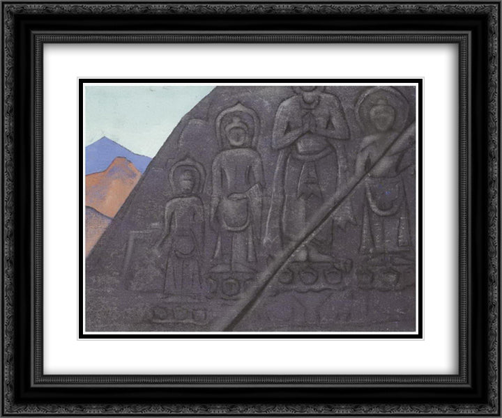 Rock Relief of Buddha 24x20 Black Ornate Wood Framed Art Print Poster with Double Matting by Roerich, Nicholas