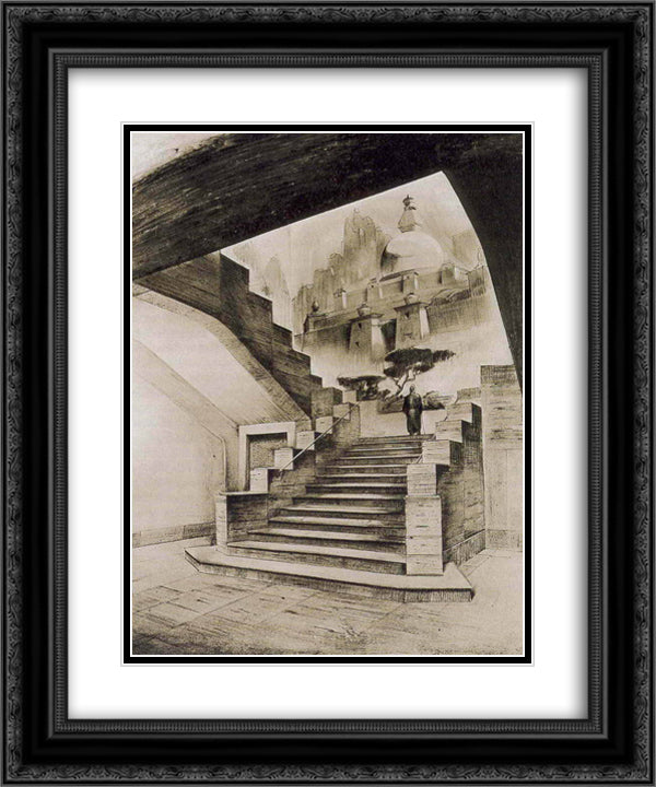 Sketch of mural with the Buddhist theme for Nicholas Roerich Museum in New York 20x24 Black Ornate Wood Framed Art Print Poster with Double Matting by Roerich, Nicholas