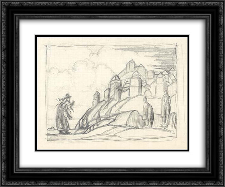 Sketch with woman in front of city walls 24x20 Black Ornate Wood Framed Art Print Poster with Double Matting by Roerich, Nicholas