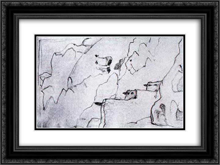 The ruins of the buildings and rocky caves Anasazi culture. Canyon Tyuoni. 24x18 Black Ornate Wood Framed Art Print Poster with Double Matting by Roerich, Nicholas