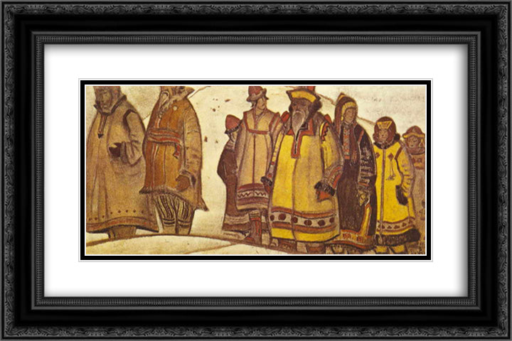 The scene with eight figures in costumes 24x16 Black Ornate Wood Framed Art Print Poster with Double Matting by Roerich, Nicholas