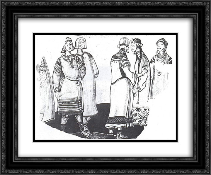 The scene with five figures in costumes 24x20 Black Ornate Wood Framed Art Print Poster with Double Matting by Roerich, Nicholas