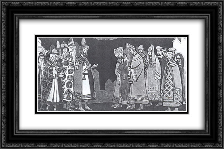 The scene with the two large groups of figures in costumes 24x16 Black Ornate Wood Framed Art Print Poster with Double Matting by Roerich, Nicholas