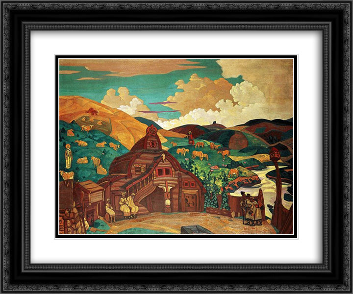 Three pleasures 24x20 Black Ornate Wood Framed Art Print Poster with Double Matting by Roerich, Nicholas