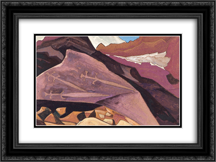 Three swords. Paintings on the stone. 24x18 Black Ornate Wood Framed Art Print Poster with Double Matting by Roerich, Nicholas