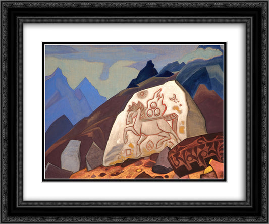 White Stone (Sign of Cintamani or Horse of happiness) 24x20 Black Ornate Wood Framed Art Print Poster with Double Matting by Roerich, Nicholas