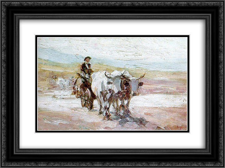 Oxcart 24x18 Black Ornate Wood Framed Art Print Poster with Double Matting by Grigorescu, Nicolae