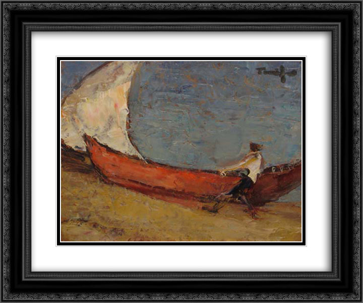 Fisherman boat at sea 24x20 Black Ornate Wood Framed Art Print Poster with Double Matting by Tonitza, Nicolae