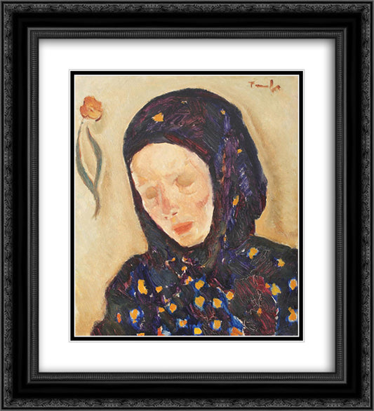 Little Girl With Flowery Headscarf 20x22 Black Ornate Wood Framed Art Print Poster with Double Matting by Tonitza, Nicolae