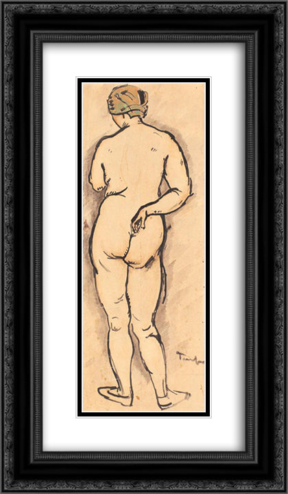 Nude with Headscarf 14x24 Black Ornate Wood Framed Art Print Poster with Double Matting by Tonitza, Nicolae