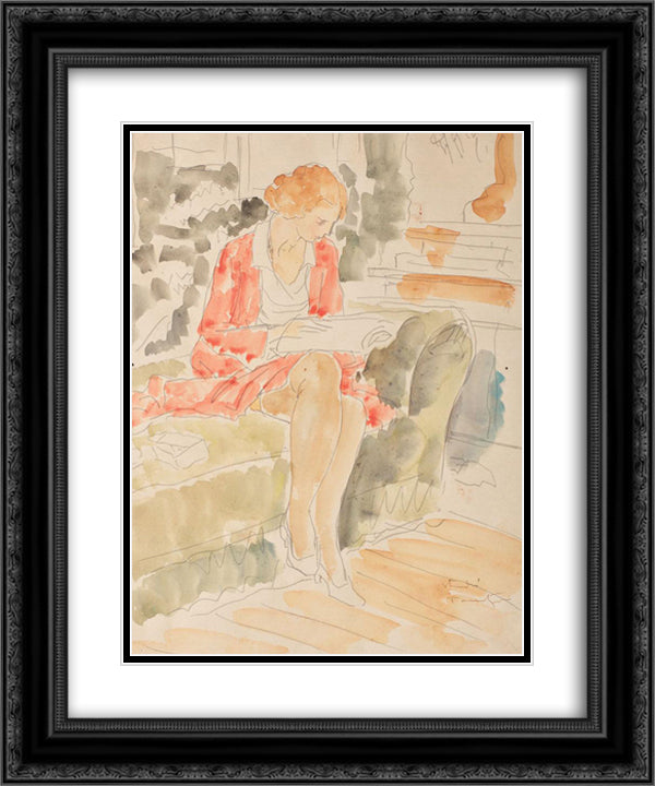 Reading 20x24 Black Ornate Wood Framed Art Print Poster with Double Matting by Tonitza, Nicolae