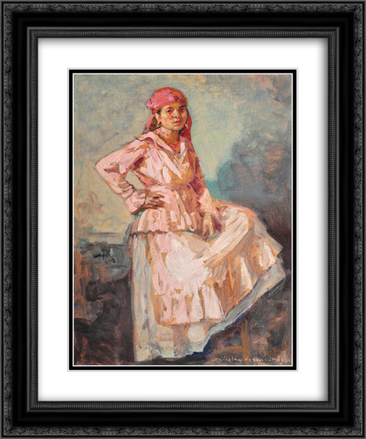 Gipsy Woman with Red Scarf 20x24 Black Ornate Wood Framed Art Print Poster with Double Matting by Vermont, Nicolae