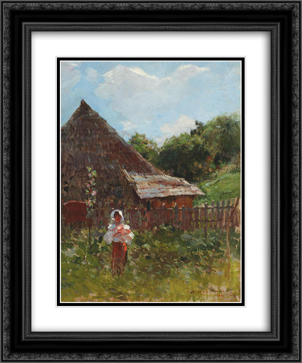 Peasant Woman with Flowers 20x24 Black Ornate Wood Framed Art Print Poster with Double Matting by Vermont, Nicolae
