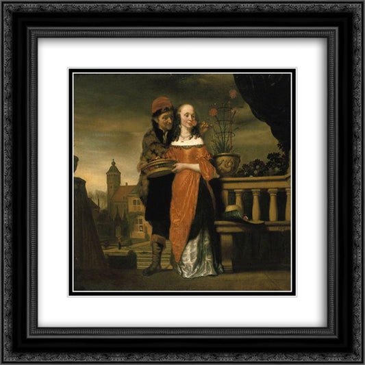 A Man holding a Carnation to a Woman's Nose. An Allegory of the Sense of Smell 20x20 Black Ornate Wood Framed Art Print Poster with Double Matting by Maes, Nicolaes