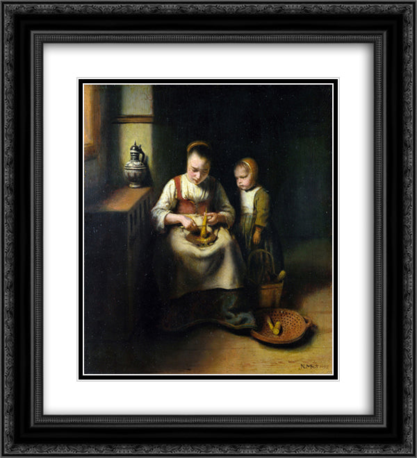 A Woman Scraping Parsnips, with a Child Standing by Her 20x22 Black Ornate Wood Framed Art Print Poster with Double Matting by Maes, Nicolaes
