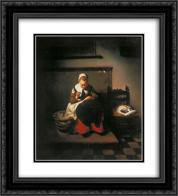 A Young Woman Sewing 20x22 Black Ornate Wood Framed Art Print Poster with Double Matting by Maes, Nicolaes