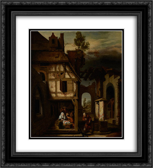 Adoration of the Shepherds 20x22 Black Ornate Wood Framed Art Print Poster with Double Matting by Maes, Nicolaes