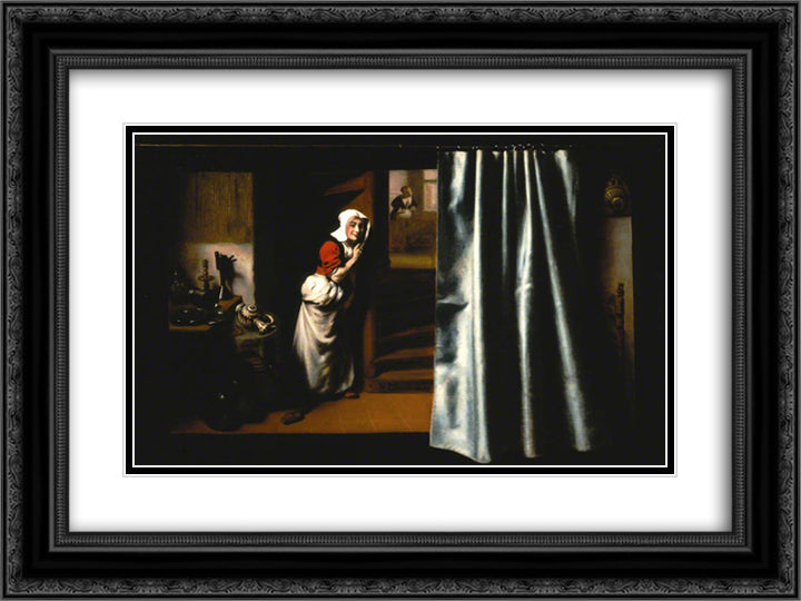An Eavesdropper with a Woman Scolding 24x18 Black Ornate Wood Framed Art Print Poster with Double Matting by Maes, Nicolaes