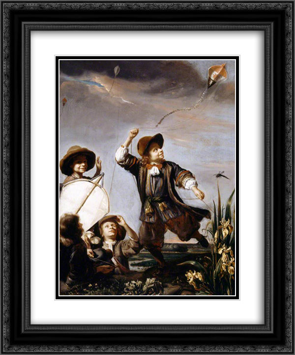 Boys Flying Kites 20x24 Black Ornate Wood Framed Art Print Poster with Double Matting by Maes, Nicolaes