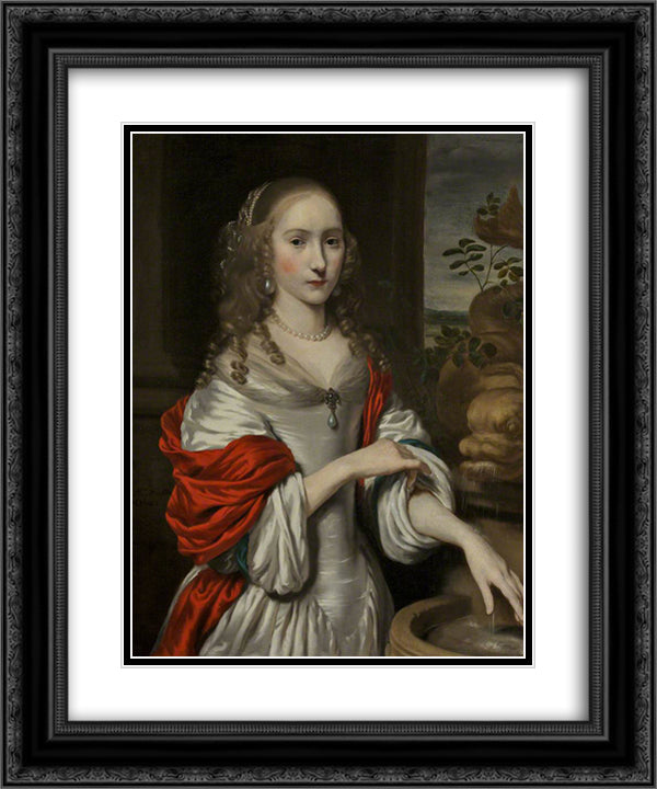 Portrait of a Young Girl Standing near a Fountain 20x24 Black Ornate Wood Framed Art Print Poster with Double Matting by Maes, Nicolaes