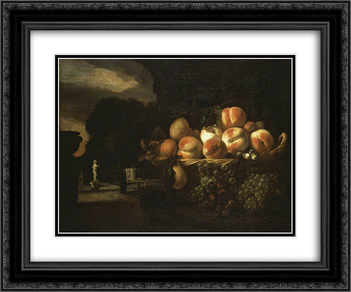 Still Life of Fruit in a formal Garden 24x20 Black Ornate Wood Framed Art Print Poster with Double Matting by Maes, Nicolaes