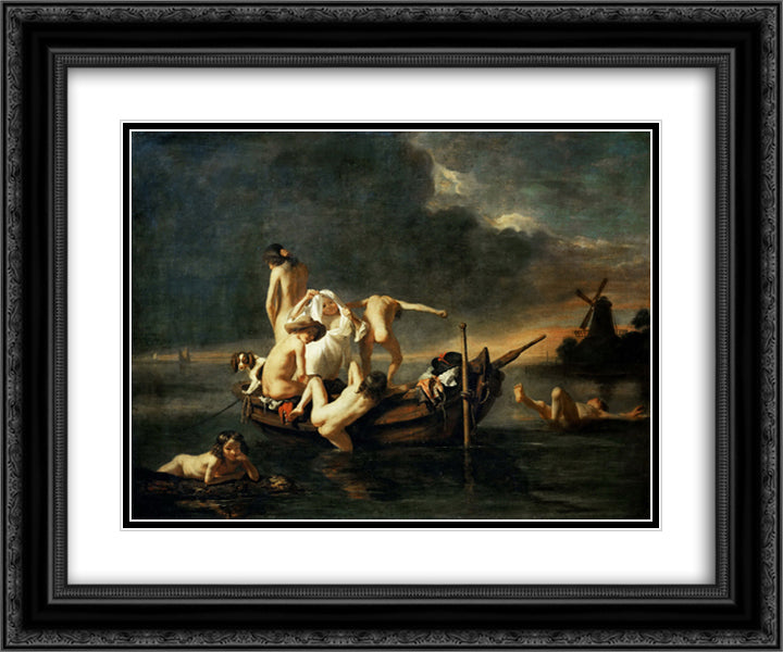 The Bath 24x20 Black Ornate Wood Framed Art Print Poster with Double Matting by Maes, Nicolaes