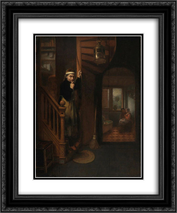 The Eavesdropper 20x24 Black Ornate Wood Framed Art Print Poster with Double Matting by Maes, Nicolaes